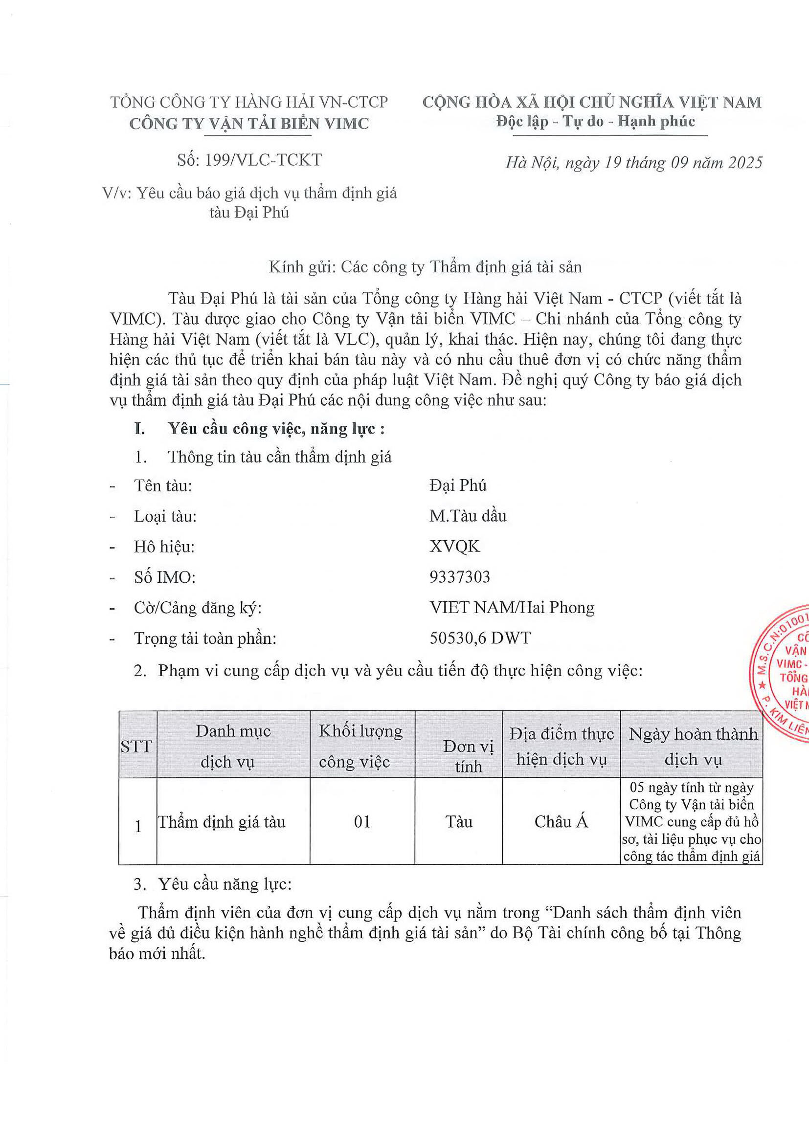 Yêu cầu báo giá dịch vụ thẩm định giá tàu Đại Phú